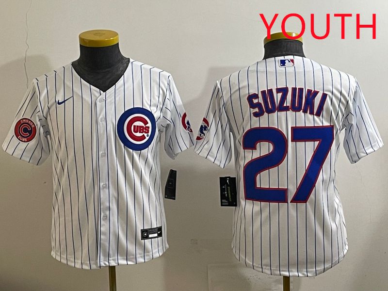 Youth 2025 Chicago Cubs #27 Suzuki White Stripe Game Nike MLB Jersey style 5->youth mlb jersey->Youth Jersey